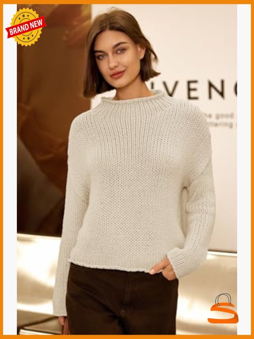 Oversized Cropped Chunky Knit Sweater Long Sleeve Mock Neck Pullover - Picture 3 of 7
